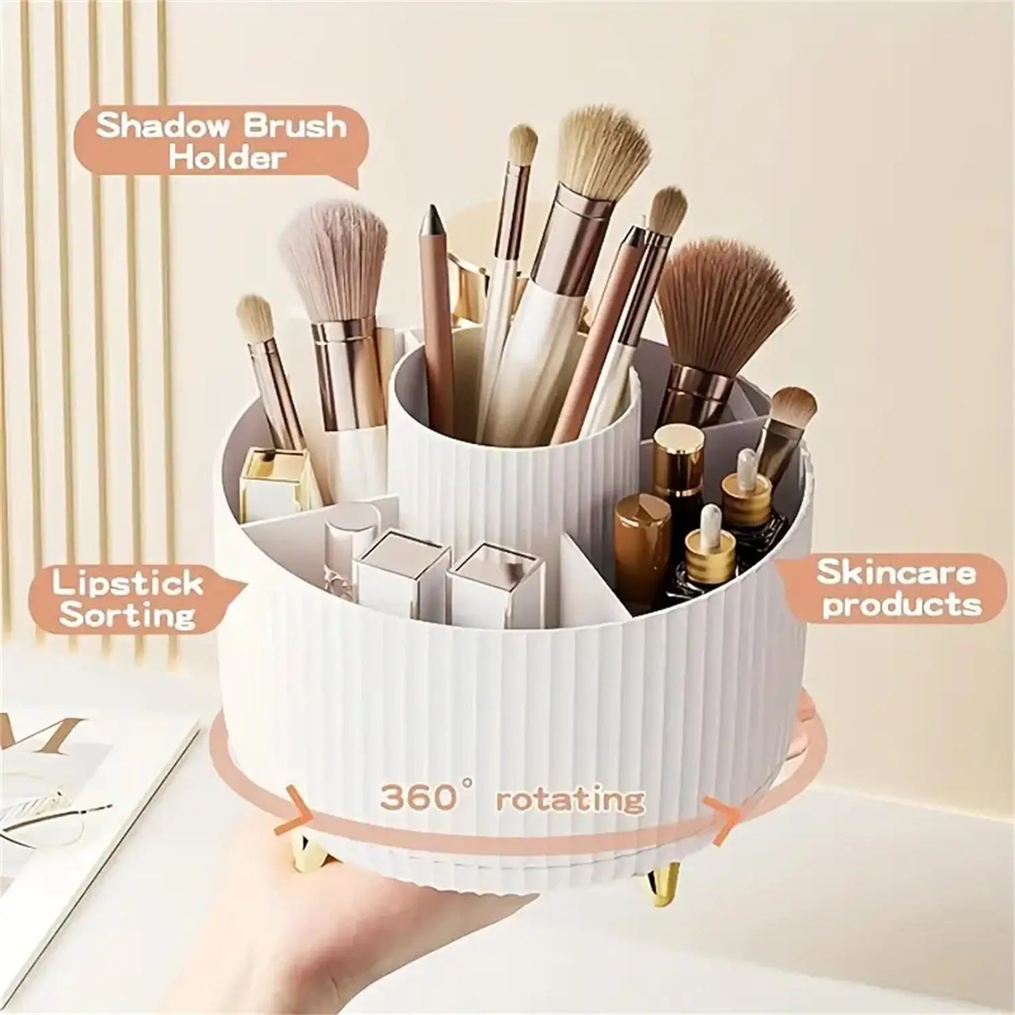 360° Rotating Makeup Organizer – 5-Compartment Cosmetic & Brush Holder