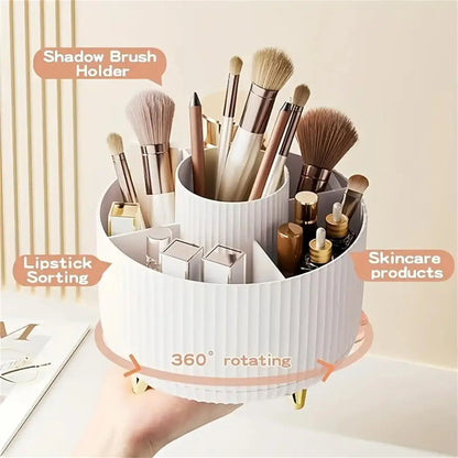 360° Rotating Makeup Organizer – 5-Compartment Cosmetic & Brush Holder