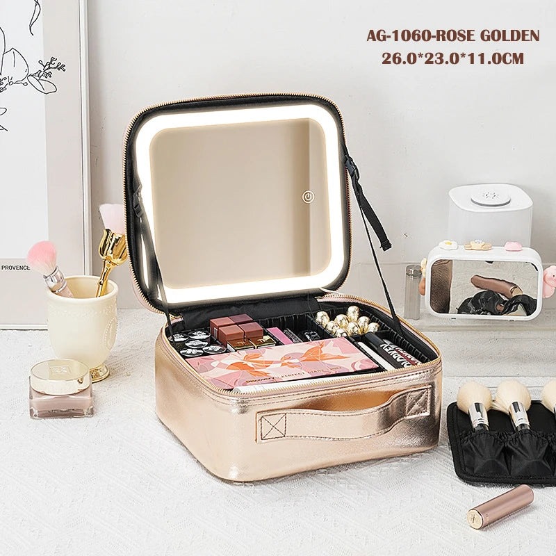 Portable Cosmetic Travel Storage Case with 2000mAh LED Rechargeable Makeup Bag and Illuminated Mirror