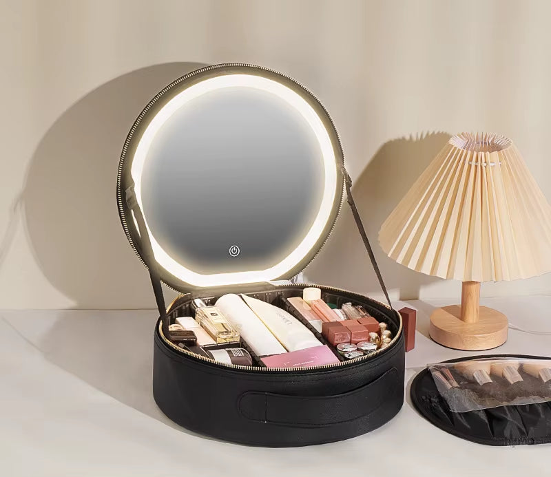 Portable Cosmetic Travel Storage Case with 2000mAh LED Rechargeable Makeup Bag and Illuminated Mirror