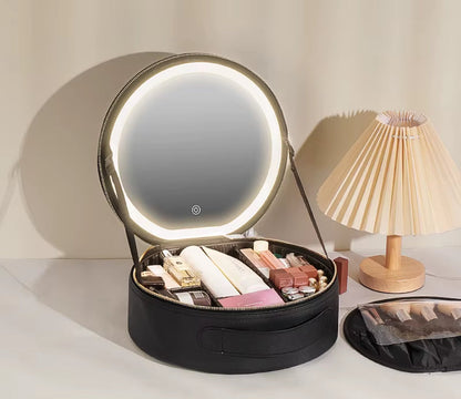 Portable Cosmetic Travel Storage Case with 2000mAh LED Rechargeable Makeup Bag and Illuminated Mirror
