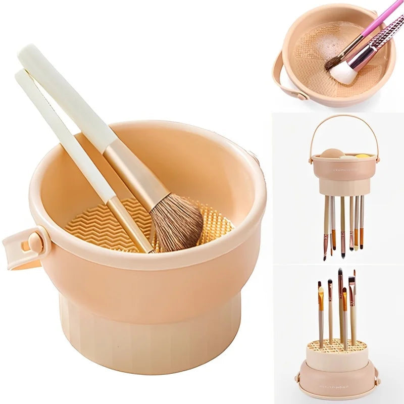 3-in-1 Silicone Makeup Brush Cleaner Mat with Foldable Washing Bowl and Drying Tools for Brushes and Sponges