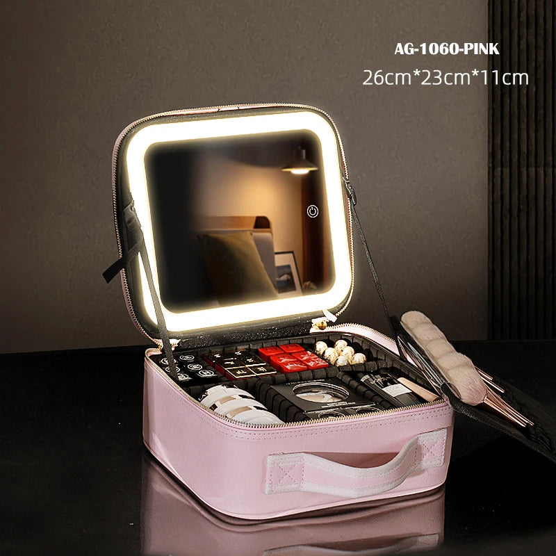 Portable Cosmetic Travel Storage Case with 2000mAh LED Rechargeable Makeup Bag and Illuminated Mirror