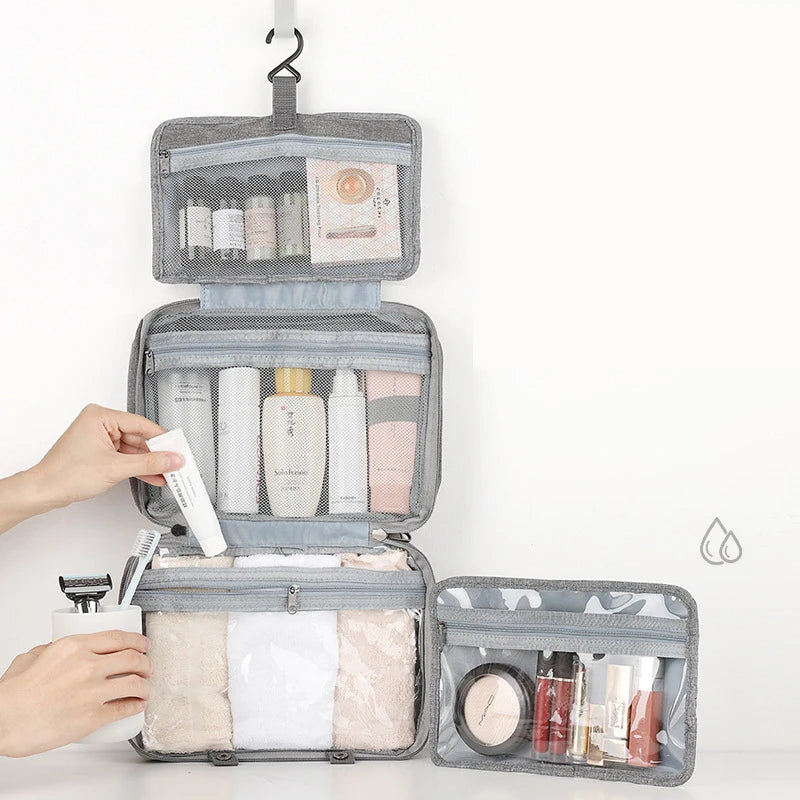 Large Waterproof Hanging Toiletry Bag - Foldable Travel Makeup and Cosmetic Organizer Case for Bathroom Supplies