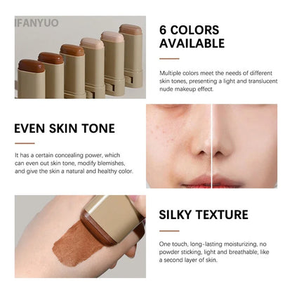 Tinted Foundation Cream Stick - Waterproof, Long-Lasting, Oil-Control, Acne Coverage, Moisturizing Concealer Serum Balm in 6 Shades