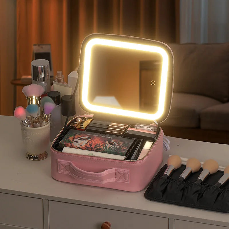 Portable Cosmetic Travel Storage Case with 2000mAh LED Rechargeable Makeup Bag and Illuminated Mirror