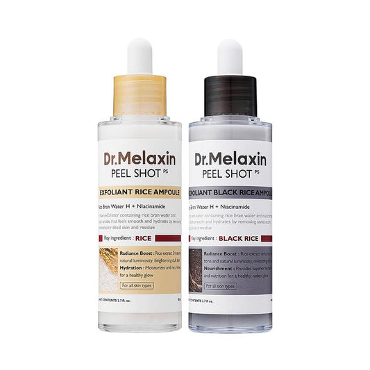 Dr. Melaxin Peel Shot Glow Rice Ampoule Duo - Brightening, Exfoliating, and Moisturizing Serums for All Skin Types