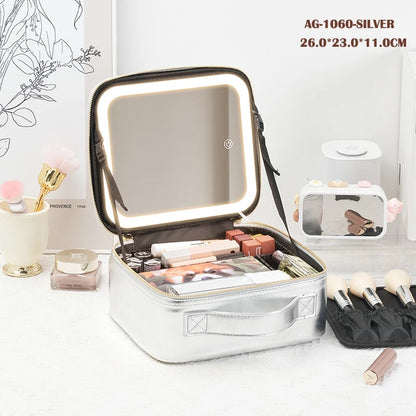 Portable Cosmetic Travel Storage Case with 2000mAh LED Rechargeable Makeup Bag and Illuminated Mirror