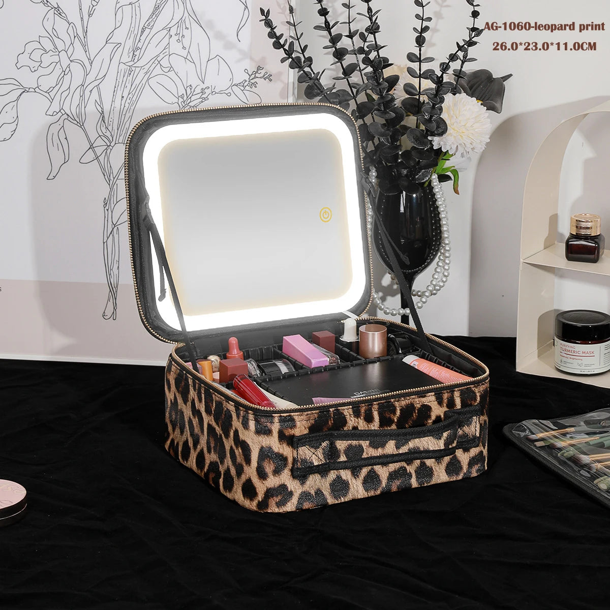 Portable Cosmetic Travel Storage Case with 2000mAh LED Rechargeable Makeup Bag and Illuminated Mirror