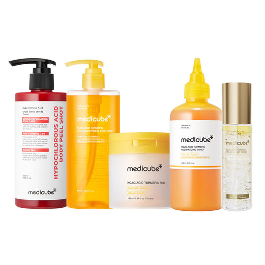 Medicube Smooth & Clear Body Care Set | Hypochlorous Acid Body Peel Shot, Kojic Acid Turmeric Body Wash, Toner Pad, Toner, Mist | Exfoliation for Dead Skin Cells, Excess Sebum, and Post-Acne Treatment | K-Beauty